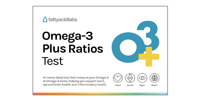 Omega-3 Plus Ratios test kit with Omega-3 Index, Omega-6:3 ratio, AA:EPA ratio, and trans fat index